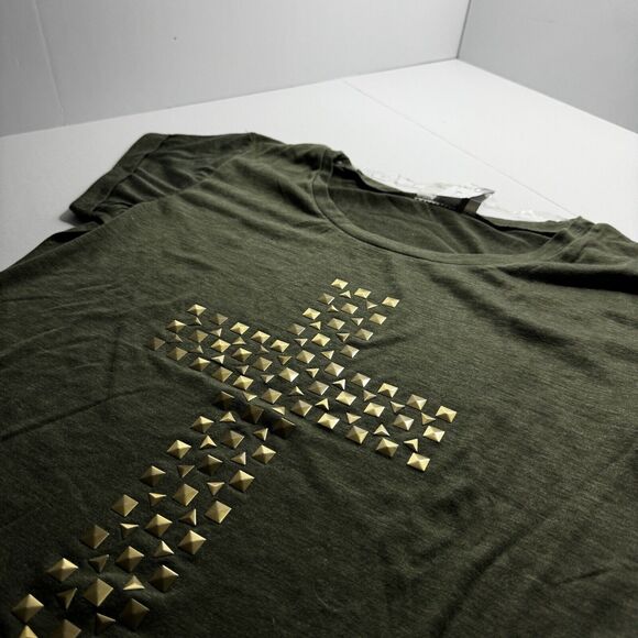 Woman's VTG Studded Cross T-Shirt Green Wet Seal Size XL Blend Fabric Jesus Tee - Picture 2 of 4